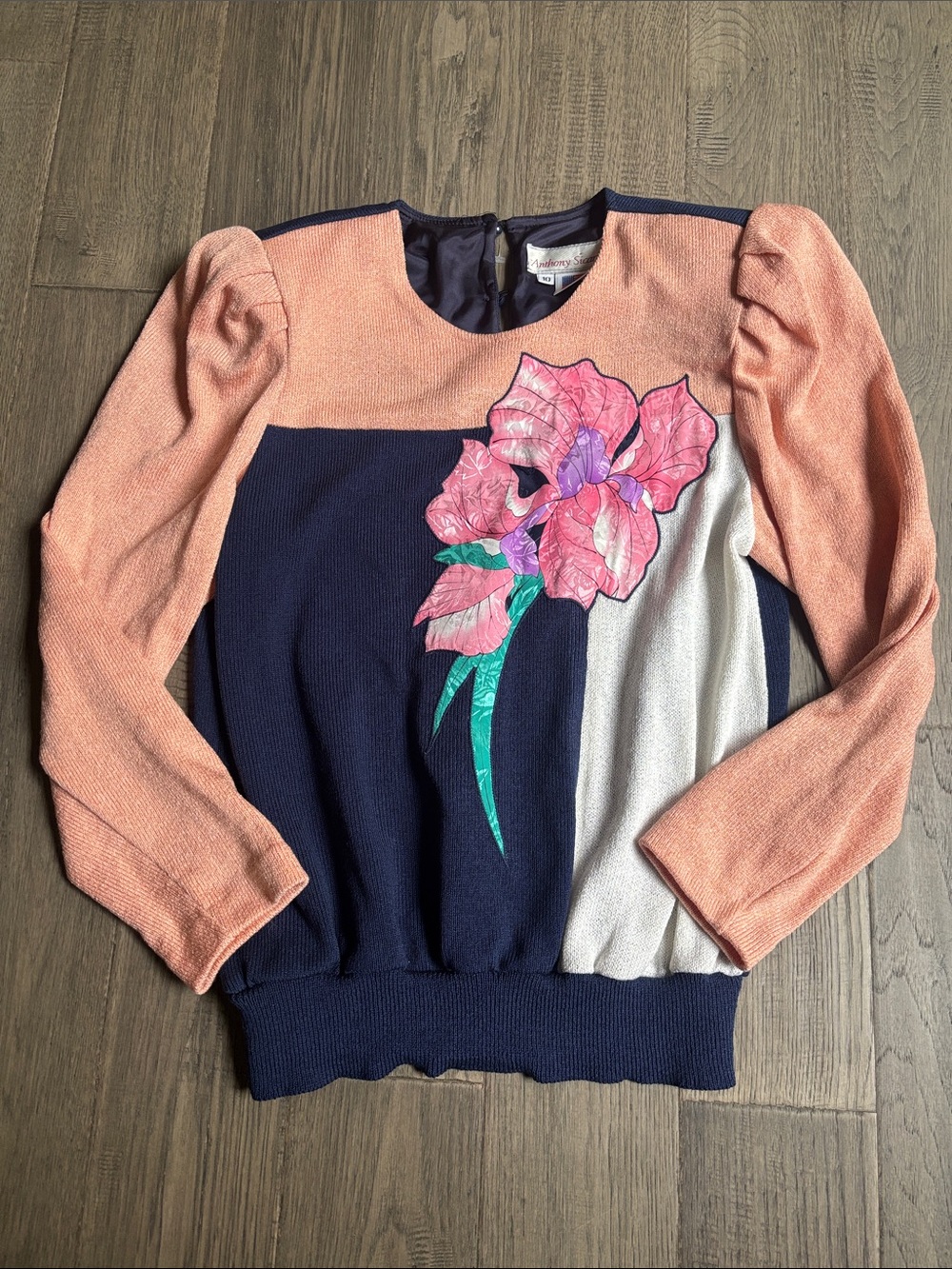 Anthony Sicari | Vintage Peach Navy Cream Floral Appliqué Colorblock Sweater 10
